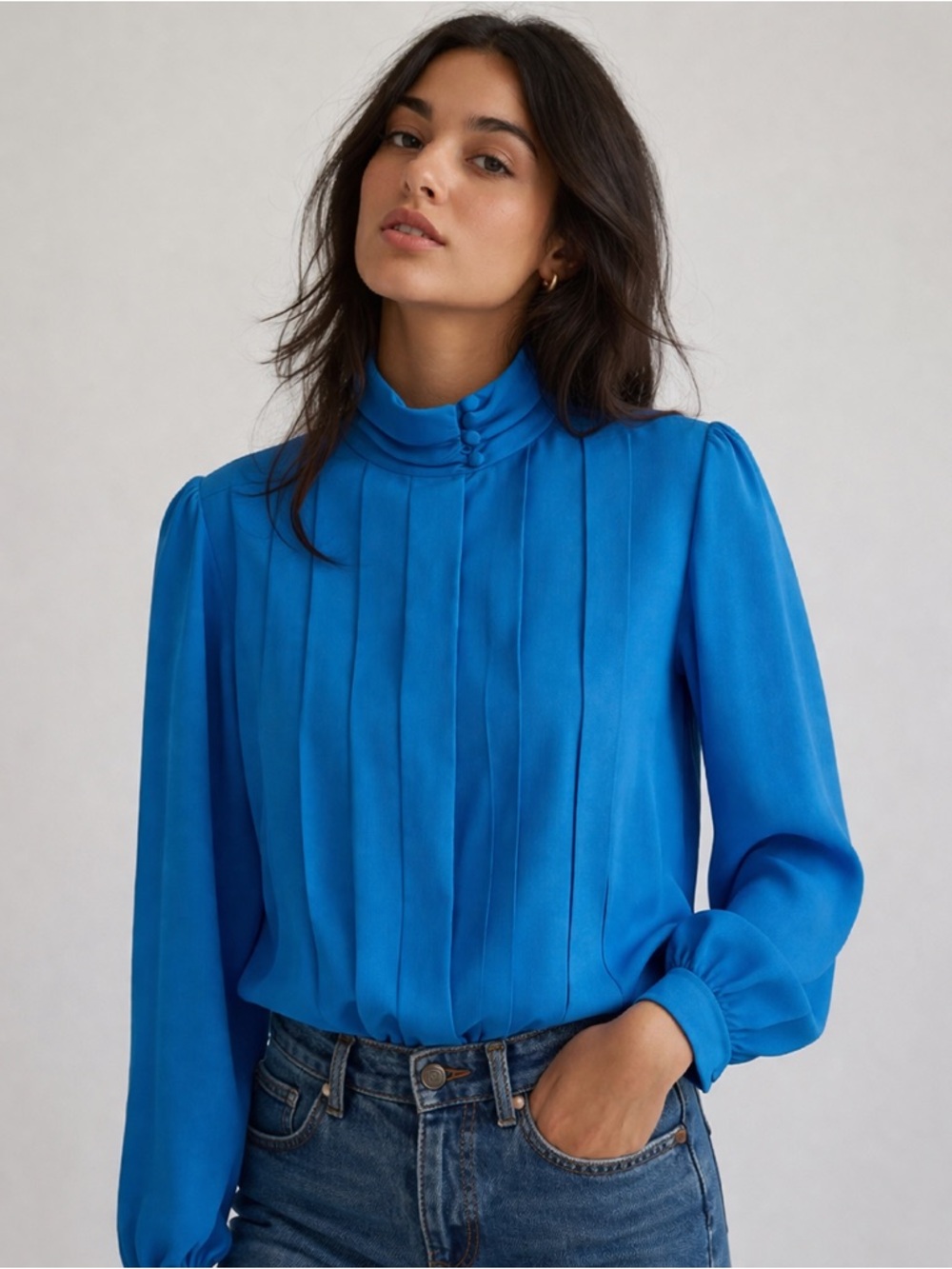 Vintage 80s Blue Hidden Button Pleated Blouse